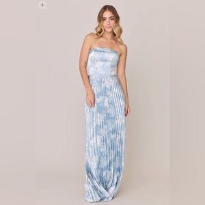 Revelry Saylor Satin Pleated Floral Print Dress in Sky Blue Bouquet